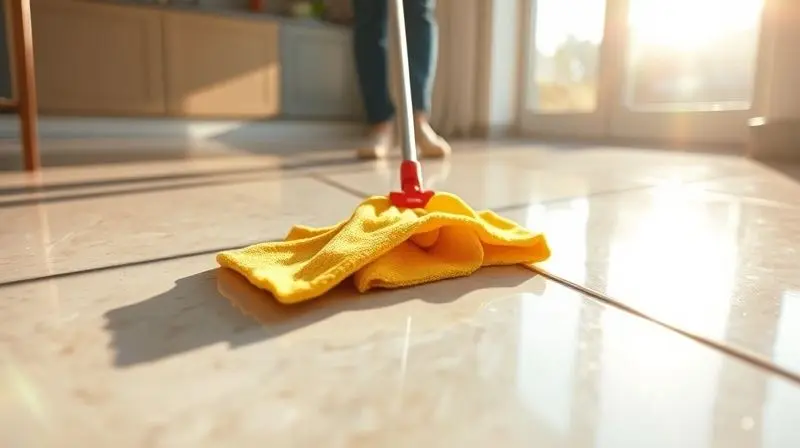 Pessoa limpando um piso de porcelanato brilhante com um pano de microfibra, visto de um ângulo baixo.