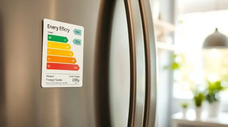 Macro photo focusing on an energy efficiency sticker on a new refrigerator door, with the background showing a bright, eco-fr