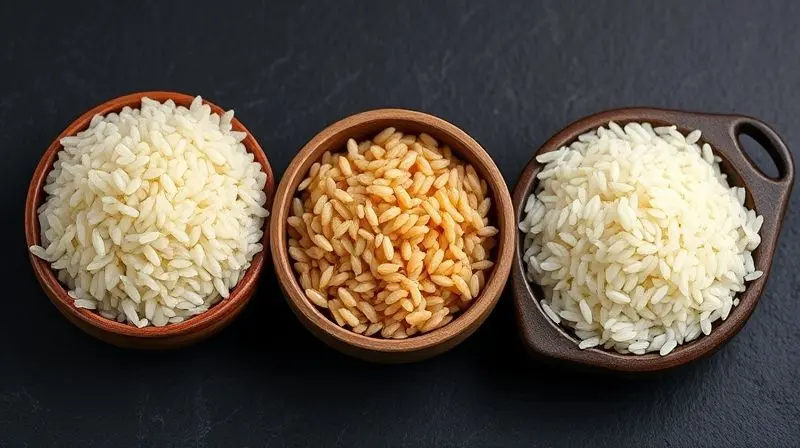 Três tigelas rústicas lado a lado, cada uma com um tipo diferente de arroz para risoto, destacando a variedade dos grãos.