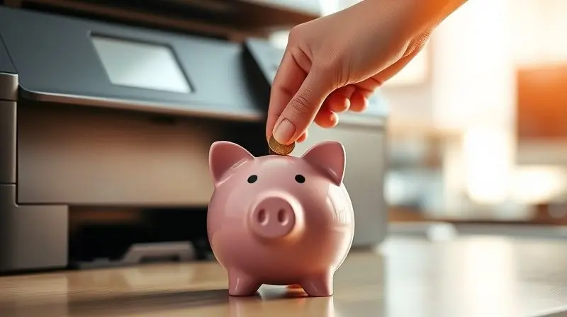 Mão colocando uma moeda em um cofrinho ao lado de uma impressora com tanque de tinta, simbolizando economia no custo por página.
