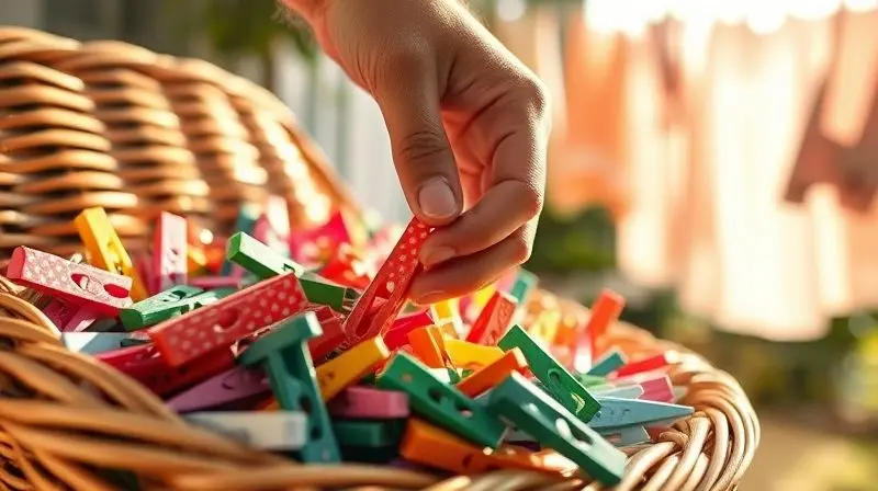 Mão escolhendo um pregador de roupas de um cesto com vários modelos coloridos e um varal ao fundo.