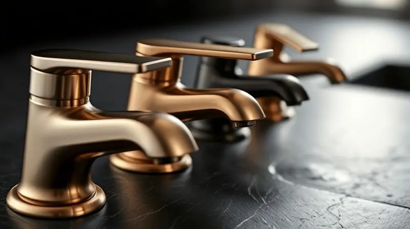 Close-up de várias torneiras exibindo acabamentos como cromado, dourado escovado e preto fosco, para comparação de materiais.