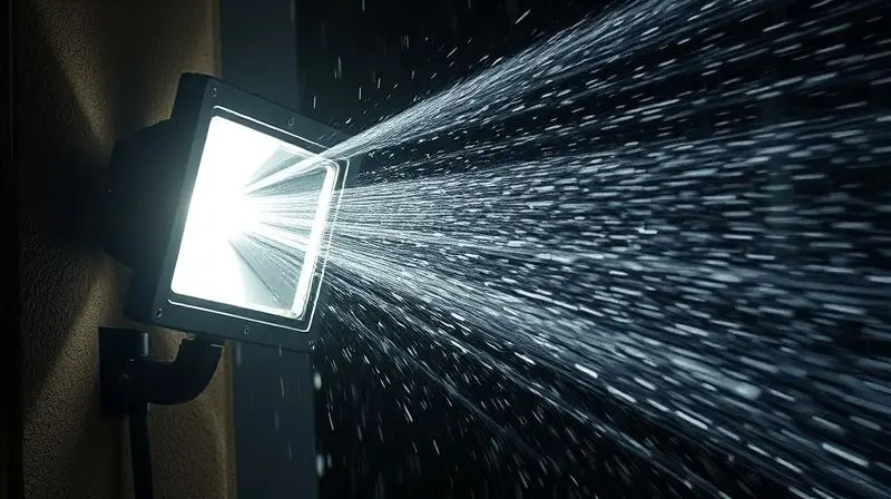 Close-up de um refletor LED em funcionamento sendo atingido por fortes jatos de água, demonstrando sua alta resistência e proteção IP.