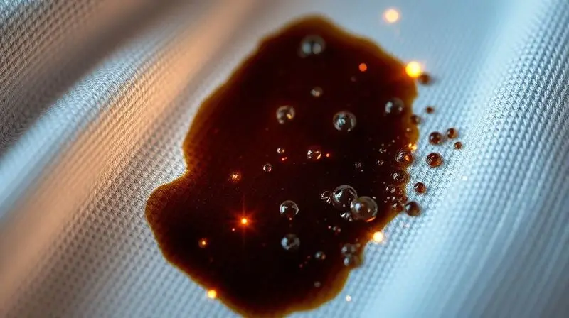 Visão em macro de enzimas de limpeza agindo para remover uma mancha de café das fibras de um tecido.