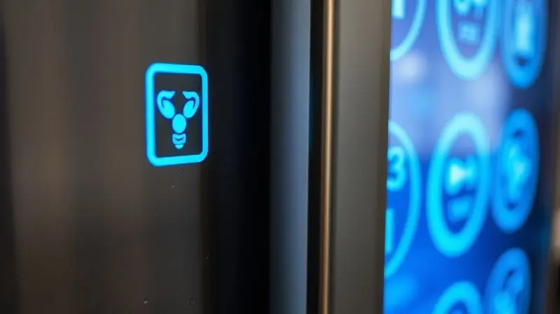 Macro photography, an abstract close-up on a modern refrigerator's digital touch panel with glowing blue abstract icons. The 