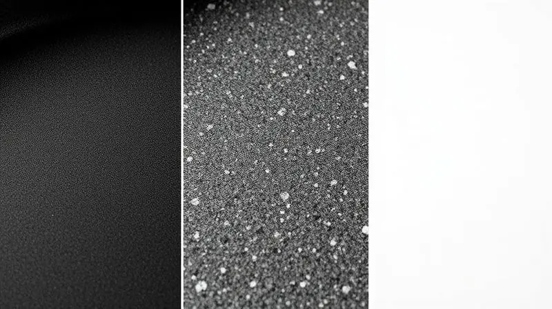 Imagem macro mostrando a textura de três revestimentos de frigideira: teflon preto, cerâmica branca e pedra cinza.