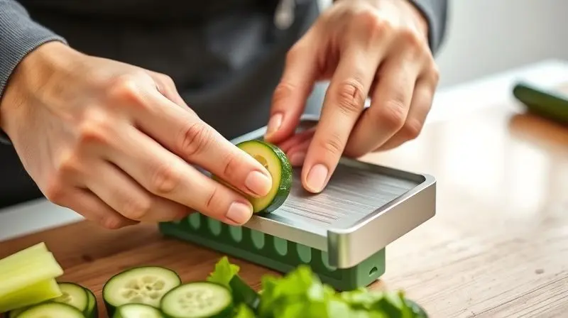 Close-up de mãos usando um cortador de legumes com o protetor de segurança para fatiar um pepino, destacando o uso seguro do aparelho.