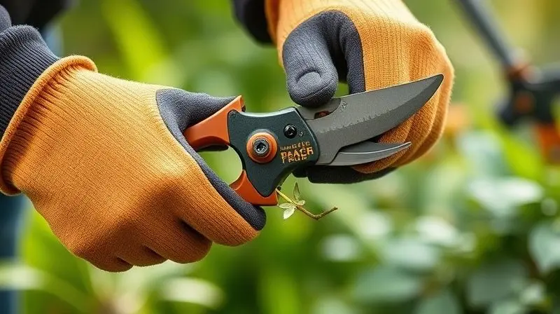 Close-up de mãos com luvas segurando firmemente uma tesoura de poda com cabo ergonômico em um jardim.