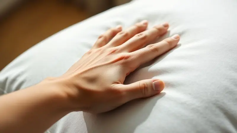 Macro shot focusing on a person's hand gently pressing into a high-quality pillow, demonstrating its firmness and responsiven