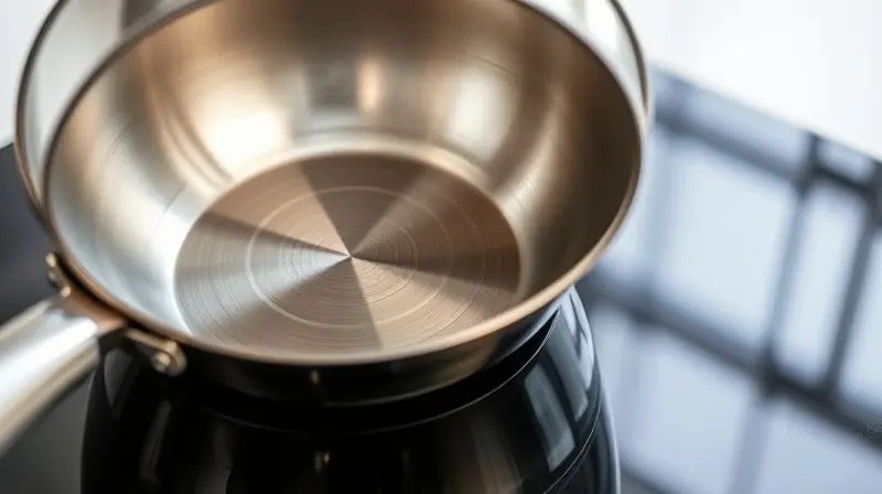 Macro shot focusing on the bottom of a high-quality stainless steel pan being placed on an induction cooktop. The iconic indu