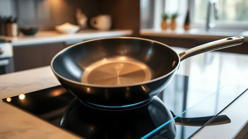 Foco no fundo de uma panela com o símbolo de indução, sobre um fogão de indução moderno e aceso, mostrando a compatibilidade de tecnologia.