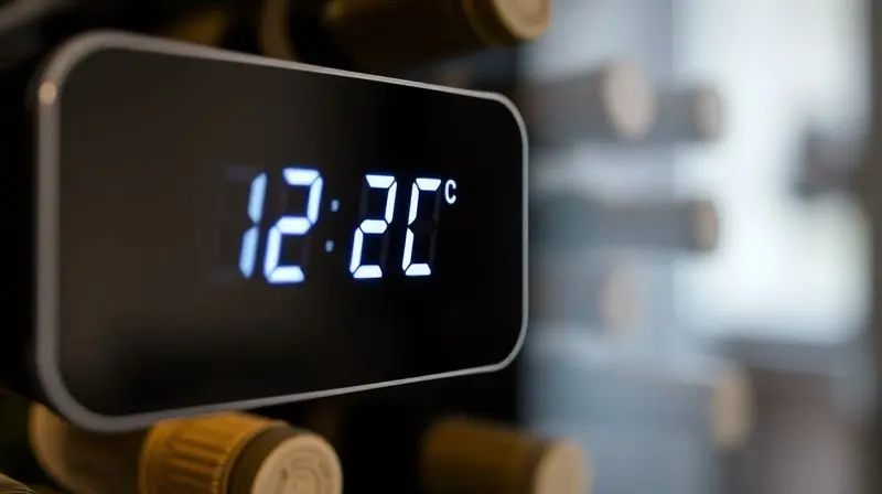 Close no display digital de uma adega climatizada mostrando a temperatura ideal para vinhos, em torno de 12°C.