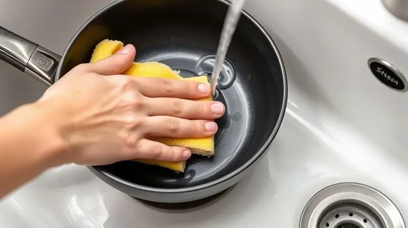 Pessoa limpando suavemente o interior de uma panela de cerâmica com uma esponja macia, demonstrando o cuidado na manutenção.