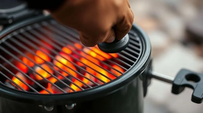 Mão com luva de proteção ajustando a entrada de ar de uma churrasqueira a carvão para controlar a temperatura.