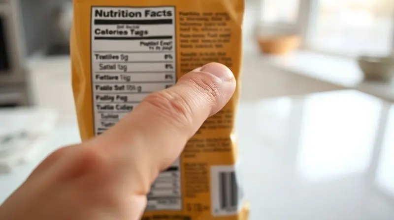 Close-up de um dedo analisando a tabela nutricional na embalagem de um pacote de biscoitos.