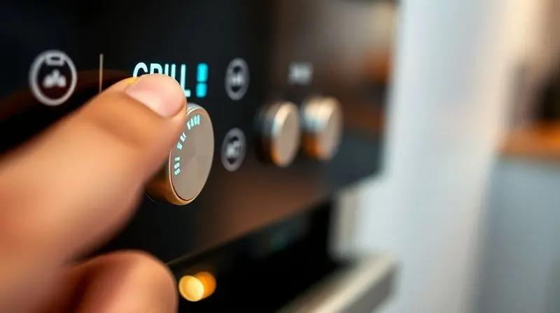 Close-up do painel digital de um fogão de embutir, com o dedo de uma pessoa prestes a tocar o ícone iluminado da função grill.