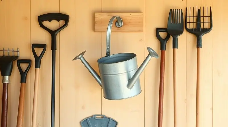 Regador de plantas limpo e seco, armazenado corretamente em um galpão de jardim, simbolizando a manutenção adequada do equipamento.