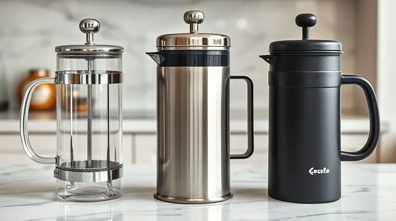Três prensas francesas de materiais diferentes lado a lado: uma de vidro, uma de aço inox e uma de cerâmica, ilustrando a escolha do material ideal.