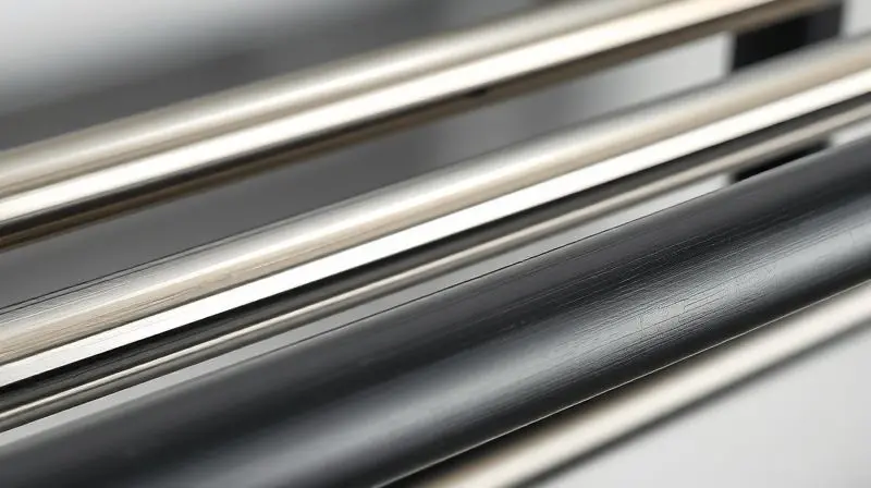 Close-up comparando materiais de toalheiros, como aço inox escovado, metal cromado e acabamento preto fosco, destacando a textura.