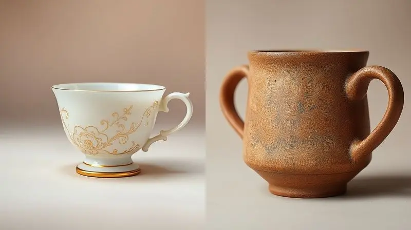 Comparativo visual entre uma xícara de porcelana fina e delicada e uma caneca de cerâmica rústica, destacando a diferença de material.