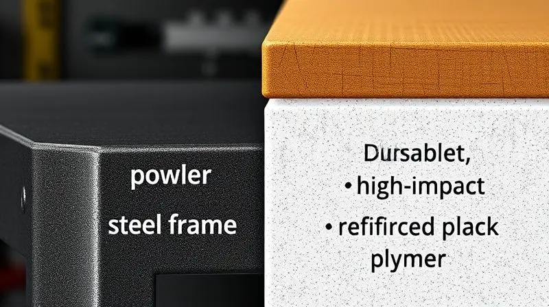 Comparativo de materiais de bancadas: detalhe da textura de um quadro de aço robusto ao lado de um polímero reforçado de alta durabilidade.