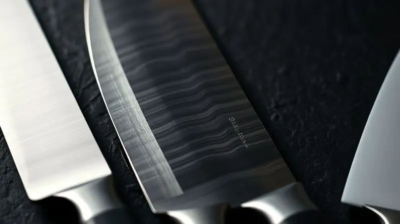 Close-up comparando três lâminas de faca: uma de aço inox, uma de aço damasco com padrões ondulados e uma de cerâmica branca, sobre uma superfície escura.