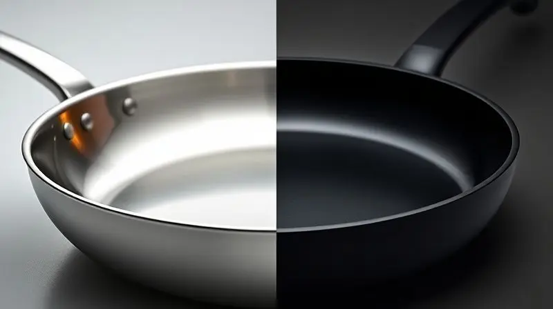 Imagem dividida mostrando em close a textura de uma panela de aço inox brilhante e uma panela com revestimento antiaderente preto fosco.