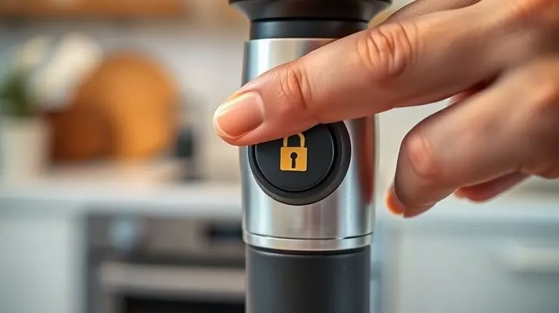 Destaque para o dedo de uma pessoa ativando a trava de segurança de um maçarico culinário, simbolizando o uso seguro do aparelho.