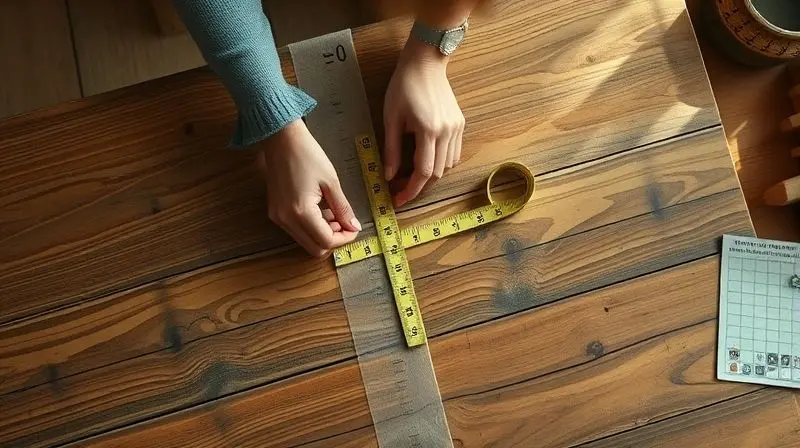 Mãos utilizando uma fita métrica sobre uma mesa de madeira, planejando o tamanho correto para uma toalha de mesa com caimento perfeito.