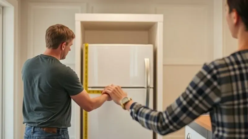 Pessoa medindo com uma fita métrica o espaço vazio em uma cozinha planejada para a instalação de uma geladeira pequena.