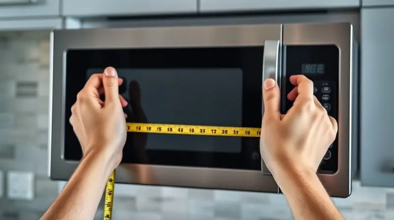 Pessoa medindo as dimensões de um micro-ondas com uma fita métrica antes de instalar um suporte na parede da cozinha.