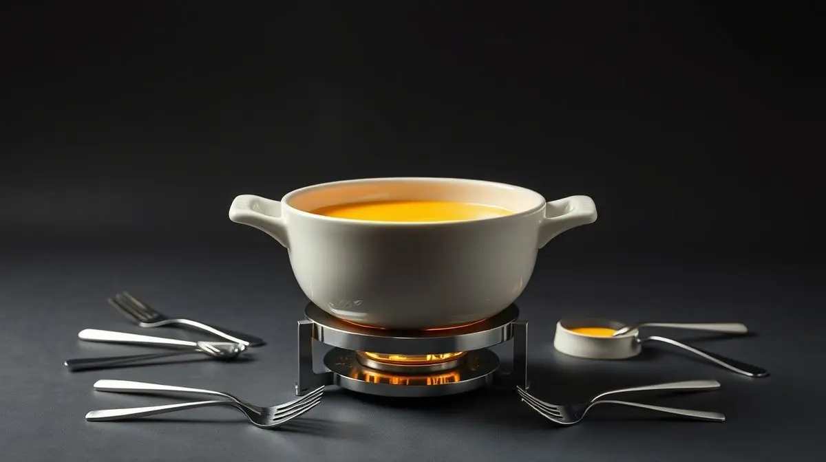 Fotografia profissional de um elegante aparelho de fondue de cerâmica com queijo derretido, representando os melhores modelos do mercado.