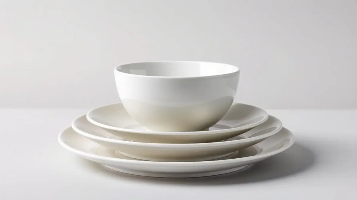 Fotografia profissional de um elegante aparelho de jantar de porcelana branca, representando os melhores modelos do mercado.