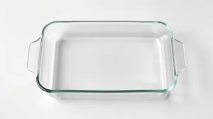 Fotografia profissional de uma assadeira de vidro retangular, representando os melhores modelos para comprar e usar na cozinha.