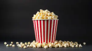 Um balde de pipoca clássico, listrado em vermelho e branco e cheio de pipoca, representando os melhores baldes para uma sessão de cinema em casa.