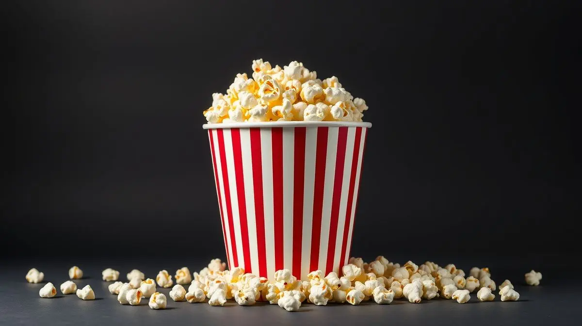 Um balde de pipoca clássico, listrado em vermelho e branco e cheio de pipoca, representando os melhores baldes para uma sessão de cinema em casa.