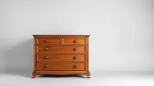 Fotografia profissional de uma cômoda de madeira elegante, representando os melhores modelos de cômodas para quarto.