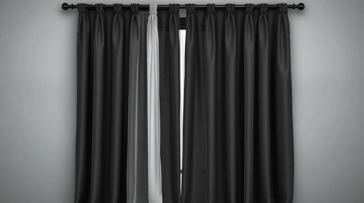 Fotografia profissional de uma elegante cortina blackout de tecido cinza com voil, representando os melhores modelos para comprar.