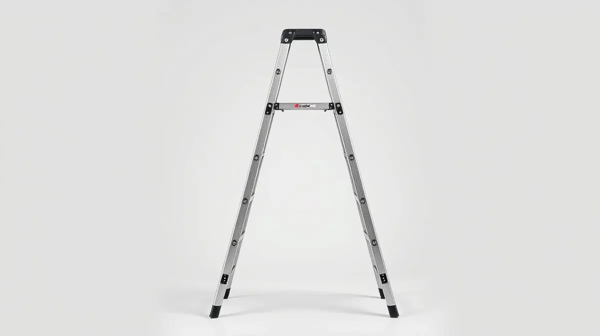 Fotografia profissional de uma escada articulada de alumínio, destacando a versatilidade e segurança do produto em um fundo neutro.