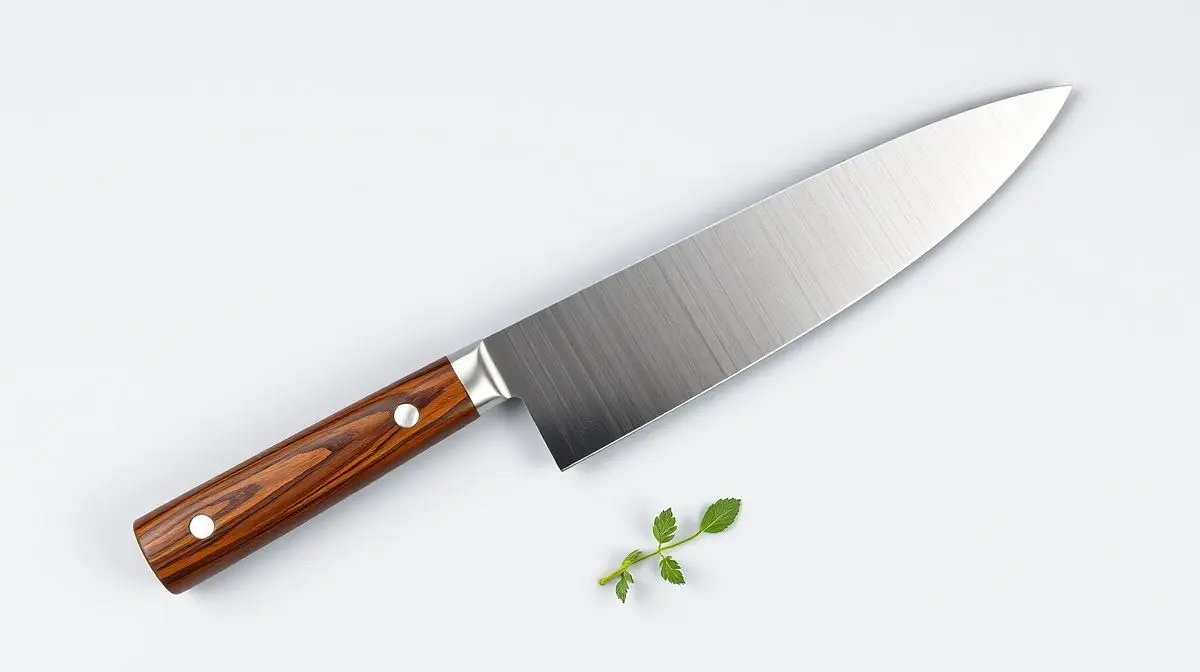 Fotografia profissional de uma faca de churrasco premium com cabo de madeira, representando as melhores facas para carne do mercado.