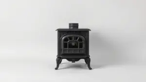 Fotografia profissional de um fogão a lenha tradicional de ferro fundido, representando os melhores modelos para aquecer e cozinhar em casa.