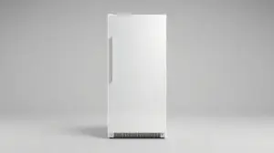 Fotografia profissional de um freezer vertical moderno e branco, com porta fechada, representando os melhores modelos do mercado.