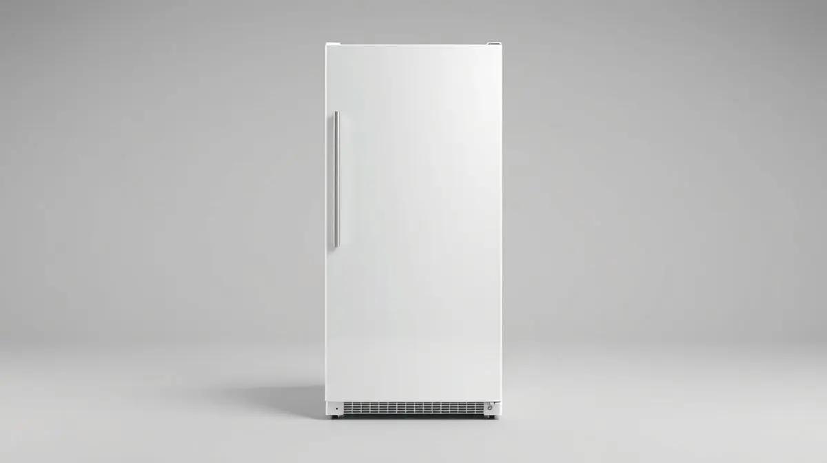 Fotografia profissional de um freezer vertical moderno e branco, com porta fechada, representando os melhores modelos do mercado.