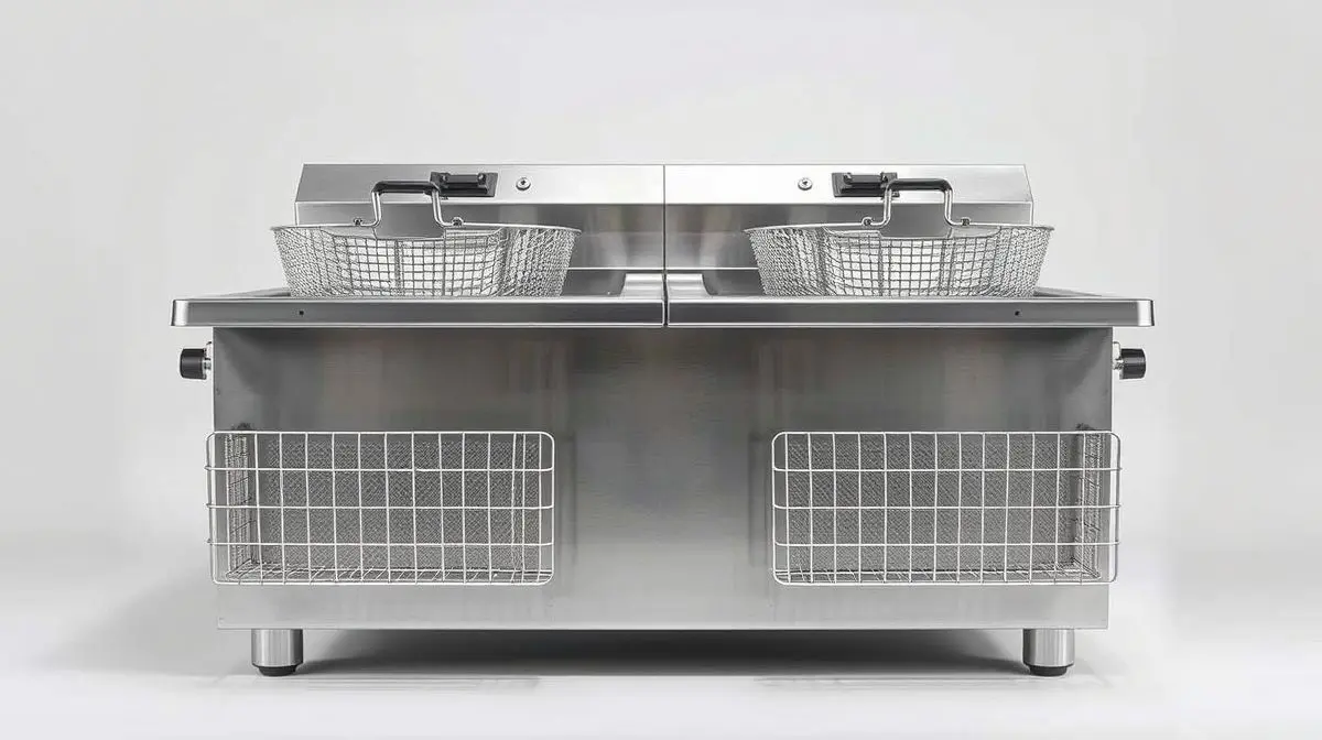 Fotografia profissional de uma fritadeira industrial de inox com duas cubas, representando os melhores modelos para cozinhas comerciais.