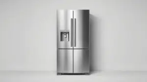 Fotografia profissional de uma geladeira French Door moderna em aço inox, representando os melhores modelos do mercado.