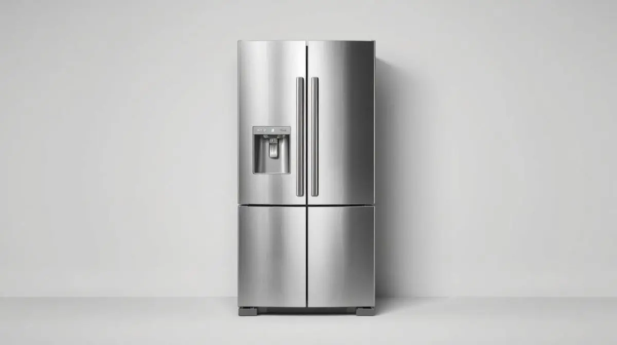 Fotografia profissional de uma geladeira French Door moderna em aço inox, representando os melhores modelos do mercado.