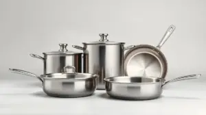 Fotografia de um conjunto de panelas de aço inox, representando os melhores jogos de panelas Tramontina do mercado para cozinhas modernas.