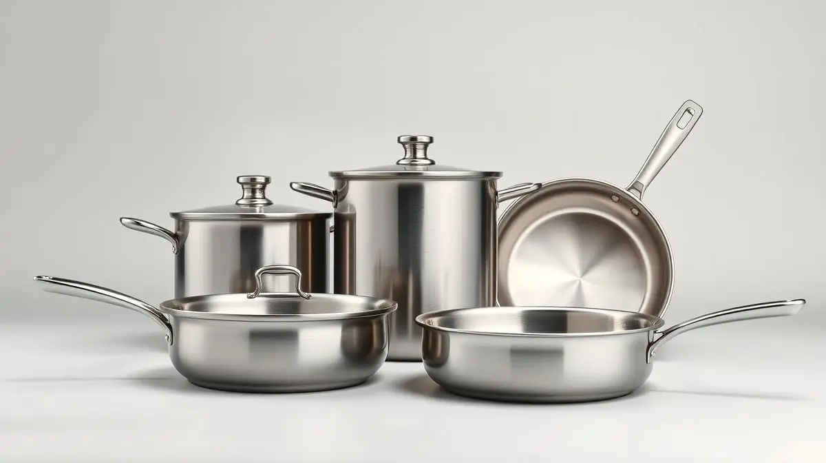 Fotografia de um conjunto de panelas de aço inox, representando os melhores jogos de panelas Tramontina do mercado para cozinhas modernas.