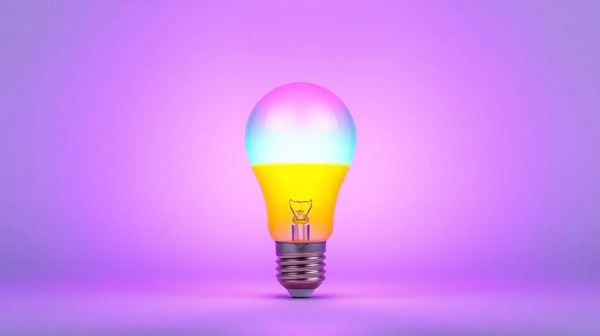 Fotografia profissional de uma lâmpada inteligente acesa com cores vibrantes, representando os melhores modelos smart do mercado.