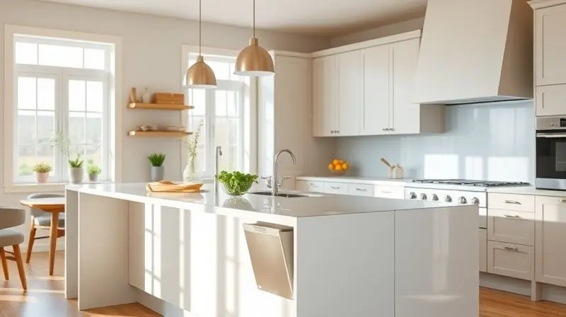 Cozinha moderna com ilha central, mostrando a localização ideal da lixeira de embutir, próxima à pia e à área de preparo de alimentos.
